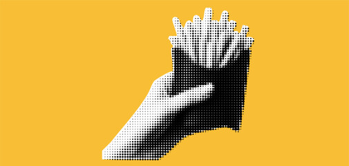 A hand collage with halftone and french fries for a fast food poster or pop art design with a retro style..