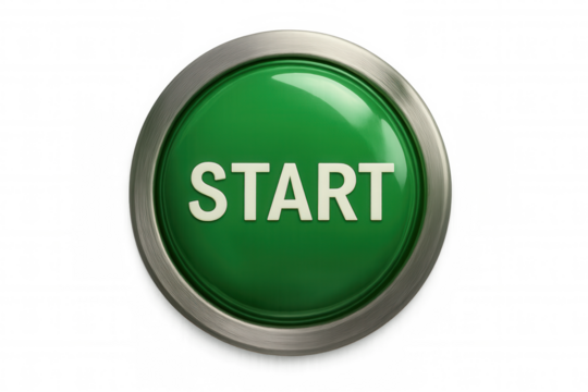 Green start push button icon with metal border representing new beginnings, launching, and activating ideas
