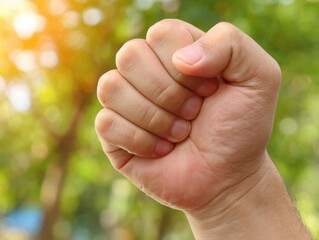 A close-up of a clenched fist against a blurred natural background, symbolizing determination or strength.