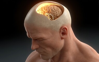 A stylized depiction of a human head showing a brain, symbolizing thought, intelligence, and the inner workings of the mind with a mechanical element.