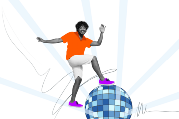 Composite photo collage of happy american guy dance stand disco ball occasion weekend relax occasion isolated on painted background