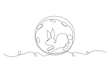 Minimal continuous one line drawing of a rabbit inside the full moon, symbolizing the Moon Rabbit legend with elegant simplicity and clean modern line art style. Vector Editable stroke