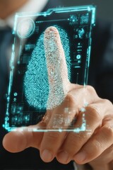 A futuristic display of a fingerprint on a digital screen, showcasing biometric technology and security measures in action.