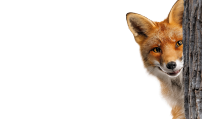 Cunning Fox Peeking from Behind Tree with Playful Smile, Isolated on Transparent Background
