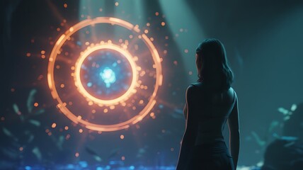 Woman Contemplates a Futuristic Portal with Glowing Orbs and Energetic Rings Discovering New Worlds