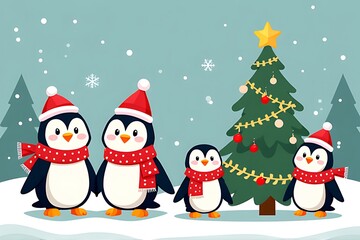Cute penguin family celebrating christmas in a snowy forest