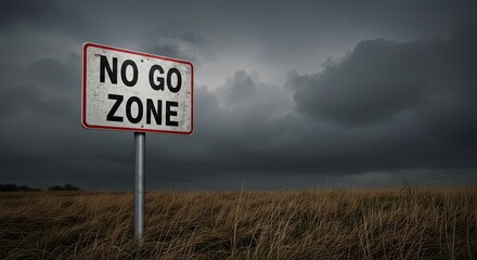 Foreboding storm clouds loom over a desolate field, a stark 'No Go Zone' sign warning against entry into a forbidden territory.