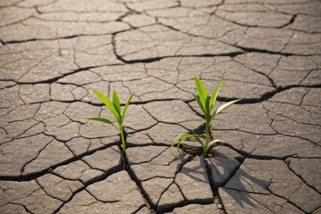 Resiliente Pflanze wächst durch rissigen, trockenen Boden – Symbol für Hoffnung