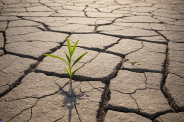 Resiliente Pflanze wächst durch rissigen, trockenen Boden – Symbol für Hoffnung