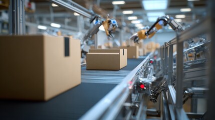 Medium frame capturing a conveyor belt system moving parcels swiftly with a robotic handler working in the background subtly blurred to stress technological harmony.