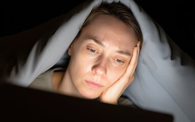A woman looks intently at a screen while wrapped in a blanket, her expression reflecting focus and contemplation in a dimly lit setting.