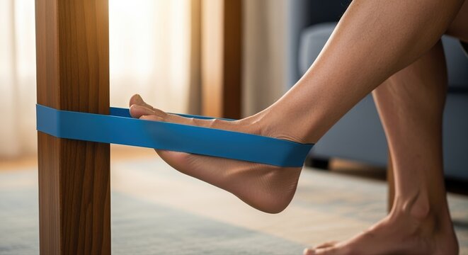 person stretching foot with resistance band during home workout routine