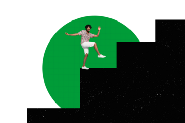 Creative 3d photo artwork graphics collage painting of excited guy walking up stairs achieving success isolated drawing background