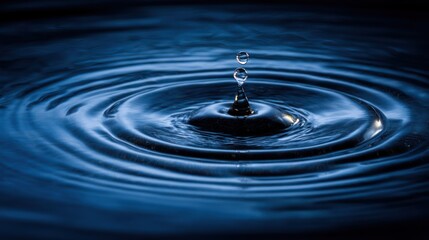 Close-up of a water droplet falling and creating concentric ripples in deep blue water
