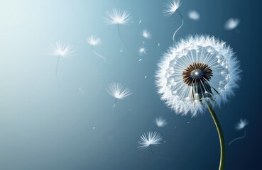 Dandelion seed head with floating seeds on a soft blue background