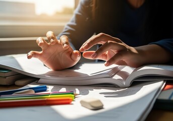 focused student studying with colorful pens and notebook in sunlight at desk, knowledge pursuit