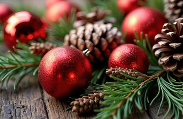 Red Christmas ornaments and pinecones arranged on a rustic wooden surface with evergreen branches creating a festive holiday scene