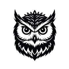 Black owl head with intricate details on white background