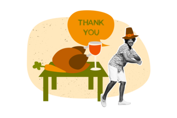 Composite photo collage of happy american man dance thanksgiving occasion roasted turkey pumpkin juice glass isolated on painted background