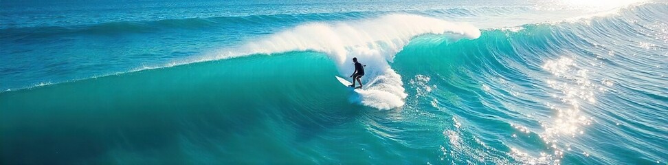 Lone Surfer Riding a Wave Vibrant Blue Ocean, Sunny Watersports Paradise