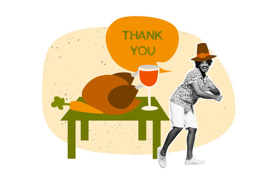 Composite photo collage of happy american man dance thanksgiving occasion roasted turkey pumpkin juice glass isolated on painted background - Powered by Adobe