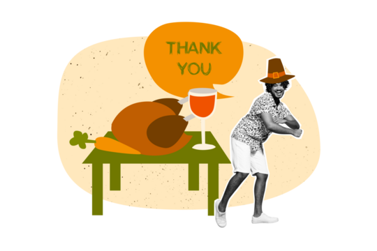 Composite photo collage of happy american man dance thanksgiving occasion roasted turkey pumpkin juice glass isolated on painted background