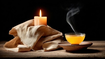 A tranquil scene featuring a glowing candle, steaming drink, and soft fabric, creating a warm and inviting atmosphere.