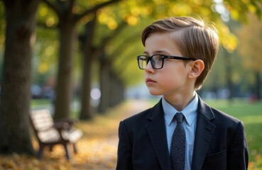 A young boy dressed in a suit and glasses stands outdoors in a park during autumn