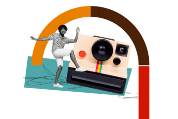 Composite photo collage of happy latin man dance instant camera device photo shooting cadre model capture isolated on painted background