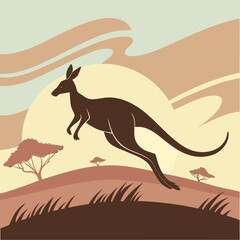 Kangaroo jumping in the australian outback with sunset background