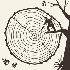Fototapeta premium Lumberjack on tree ring in vector graphic style