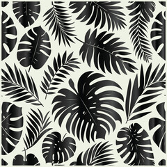 tropical palm and monstera leaves arranged in seamless BACKGROUND
