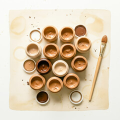 Gouache Paints In Caffeine Shades With Brush On White Background. Concept Of Warm Neutral Colors, DIY Crafts, Creative Hobbies, Fall Design Trends, And Handmade Artistic Content