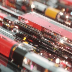 A close-up view of vibrant, reflective objects with a mix of colors and shiny textures, suggesting a modern, technological aesthetic.
