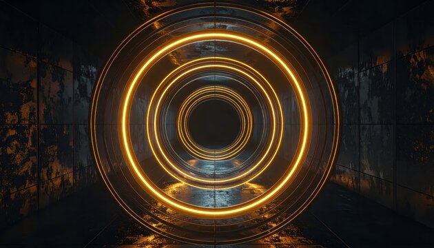 A futuristic, abstract scene reveals a tunnel with concentric circles illuminated in glowing orange light, enhancing a dark, moody atmosphere within the structural interior, creating an intriguing...