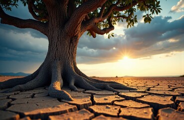A large tree with sprawling roots stands on cracked dry ground during sunset
