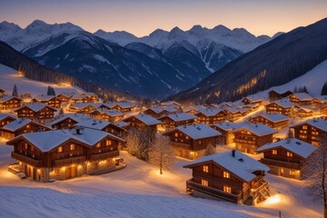 Fototapeta premium Ein malerisches Chalet-Dorf im Winter in den Alpen, beleuchtet bei Dämmerung