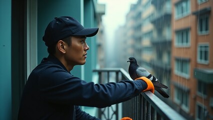 Man holding pigeon on city balcony during misty morning