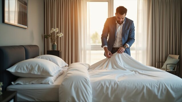 Man fixing bed sheets in luxury hotel room at sunset