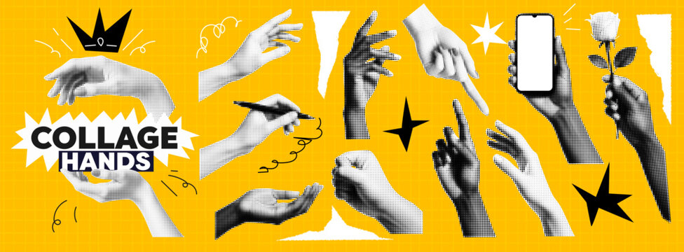 A hand collage kit with a yellow halftone for a write or phone element and a bold pop art zine design..