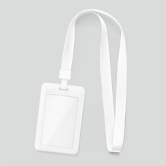 Lanyard with id card mockup. Vector illustration isolated on grey background. Ready mockup to use for for presentations, conferences and other business situations. EPS10.