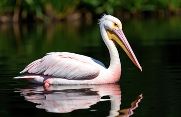 A pelican gliding on calm water with lush greenery in the background