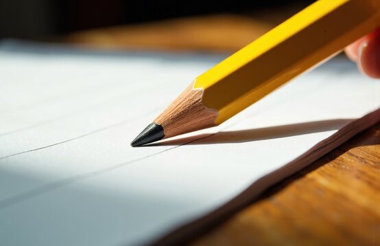 Close-up of a yellow pencil writing on a sheet of white paper with a wooden surface background