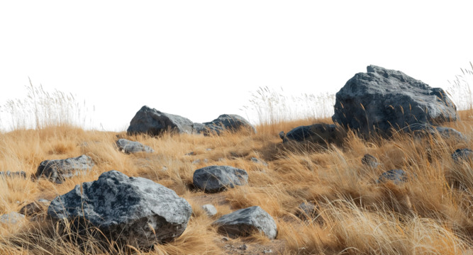 Dry grass with rocks landscape in transparent background png