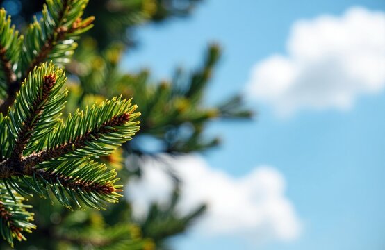 Green pine branches with sharp needles reaching towards a bright blue sky with fluffy white clouds