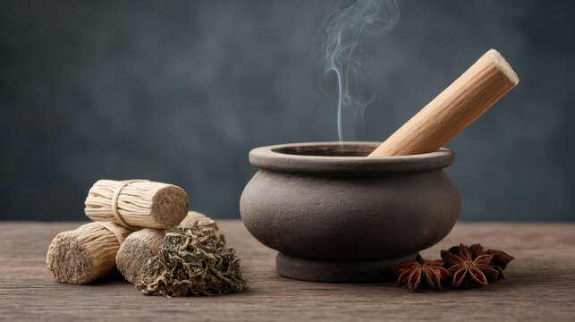 Elegant wooden mortar with pestle beside aromatic herbs and spices, producing soft smoke in a rustic kitchen setting, capturing essence of natural cooking - Powered by Adobe