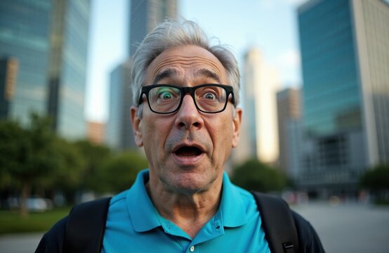 A surprised middle-aged man with glasses in an urban city setting