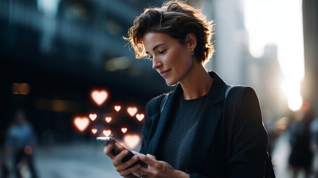 Woman standing on city street while looking at her phone during sunset with floating hearts