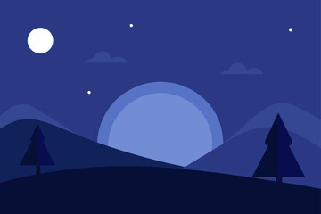 Obraz premium Serene midnight landscape with moon and distant city lights