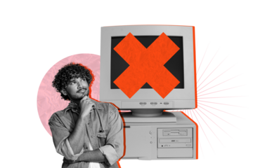 Composite trend artwork sketch collage of young man office manager think gesture cross sign obsolete monitor computer retro technology